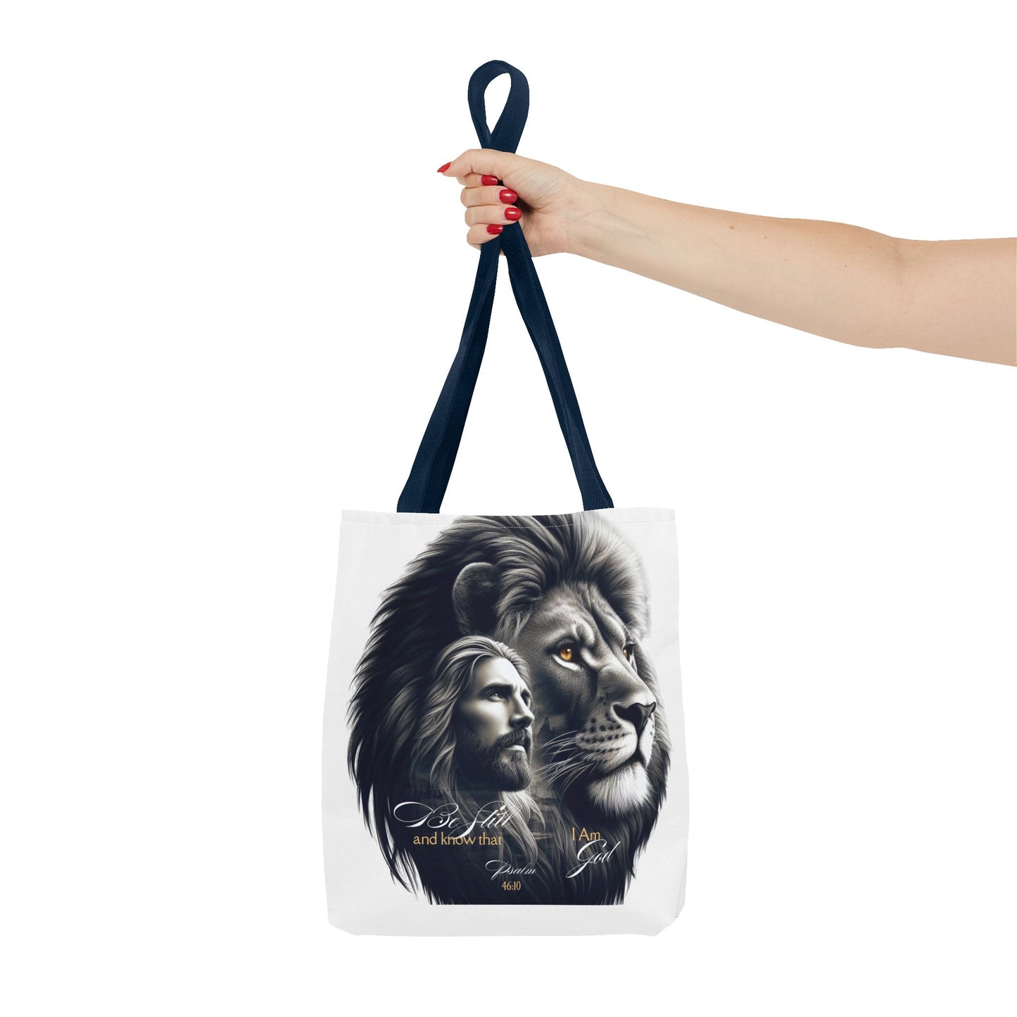 Inspirational Tote Bag with Psalm 46:10 Jesus and Lion Design