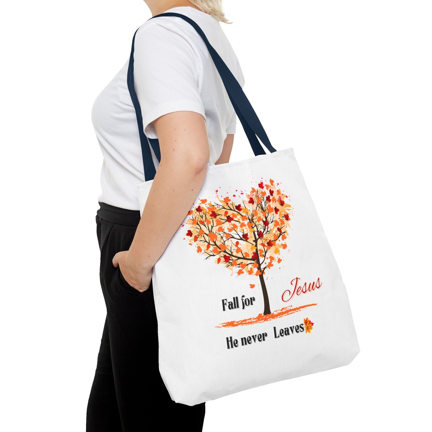 Decorative Fall Tree "Fall for Jesus He never leaves" Tote Bag