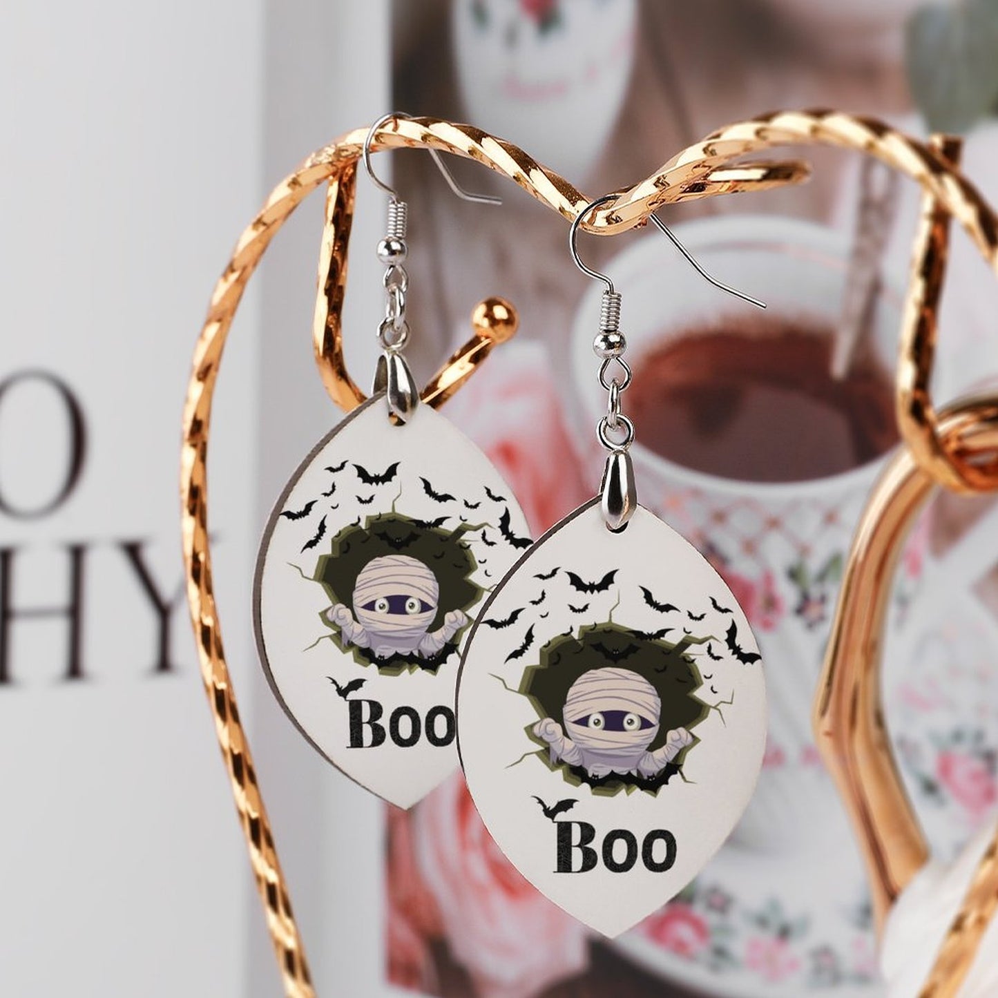 "BOO"- Wooden Earrings Pendant (Apricot Shape）