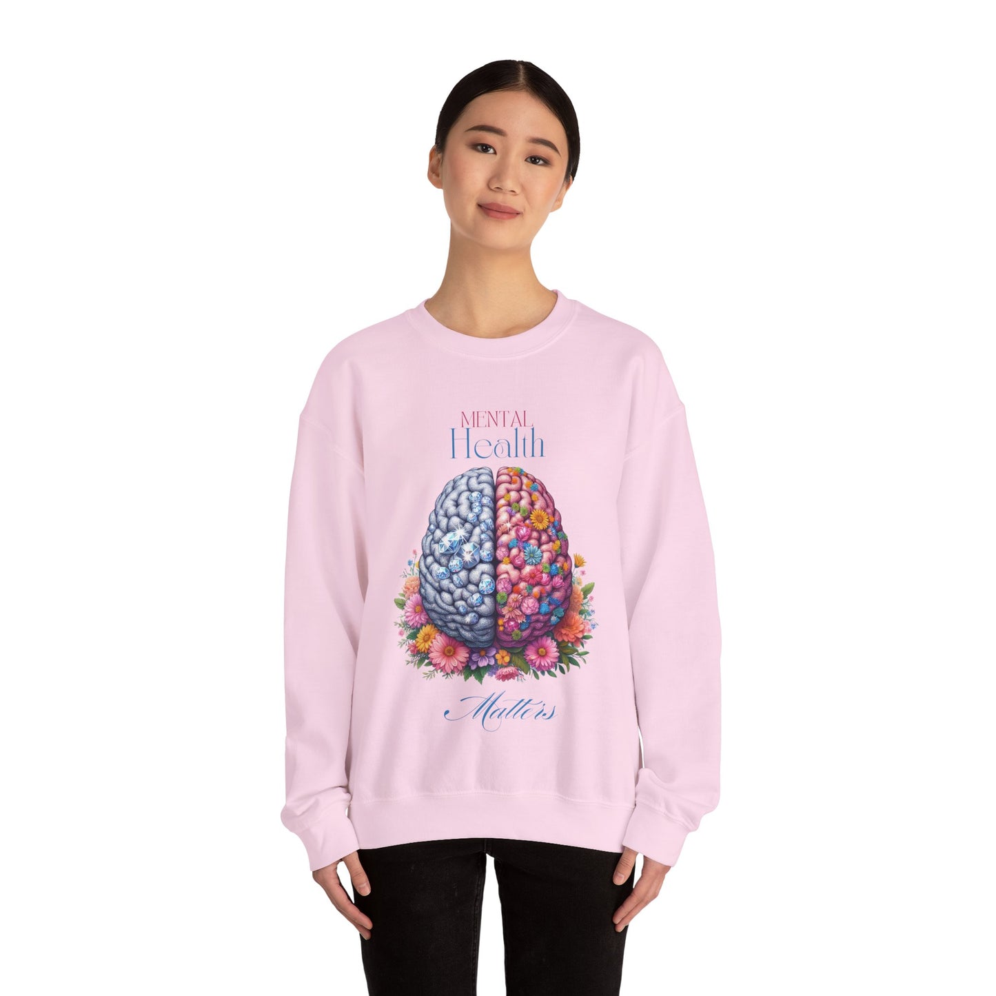 Crewneck Sweatshirt Brain Crystal and Flower Design for Mental Health Awareness