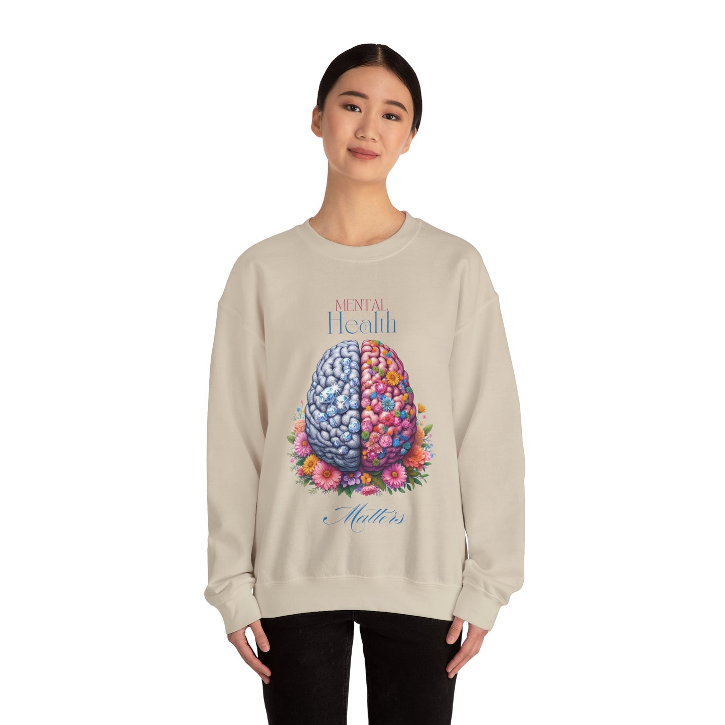 Crewneck Sweatshirt Brain Crystal and Flower Design for Mental Health Awareness