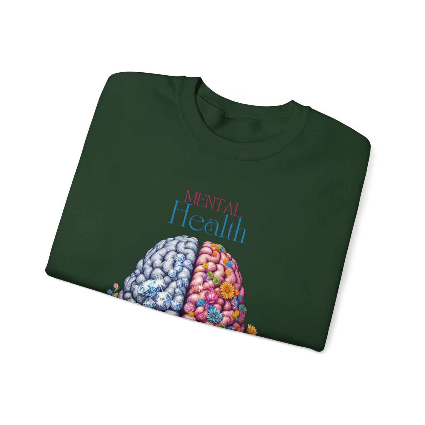 Crewneck Sweatshirt Brain Crystal and Flower Design for Mental Health Awareness