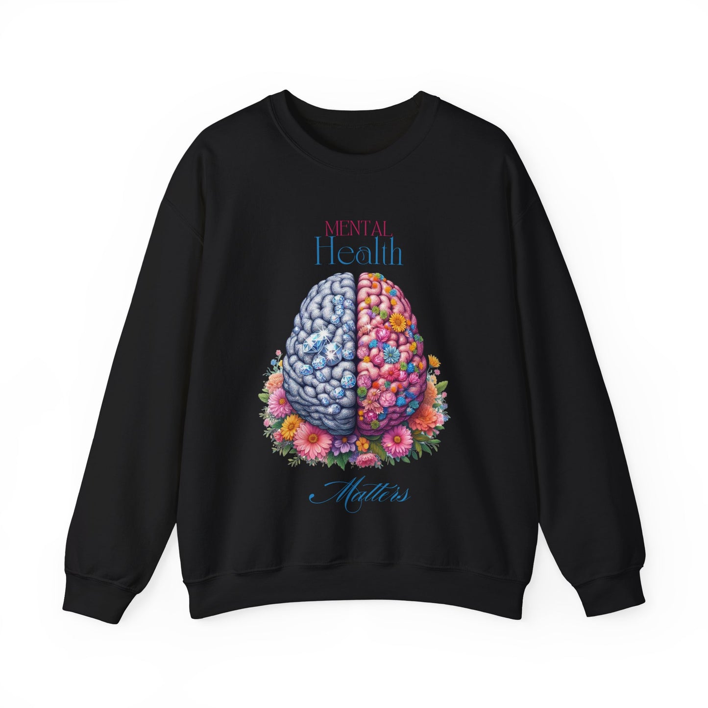 Crewneck Sweatshirt Brain Crystal and Flower Design for Mental Health Awareness