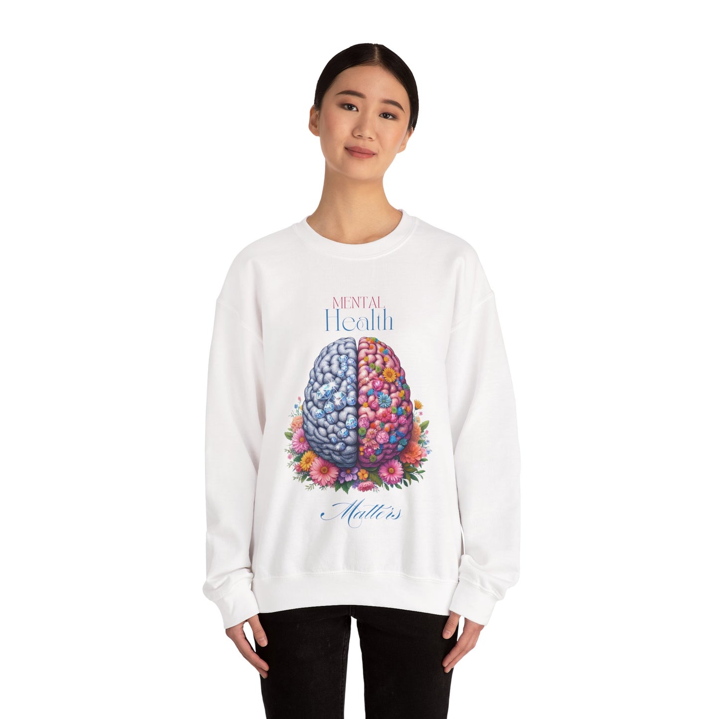 Crewneck Sweatshirt Brain Crystal and Flower Design for Mental Health Awareness