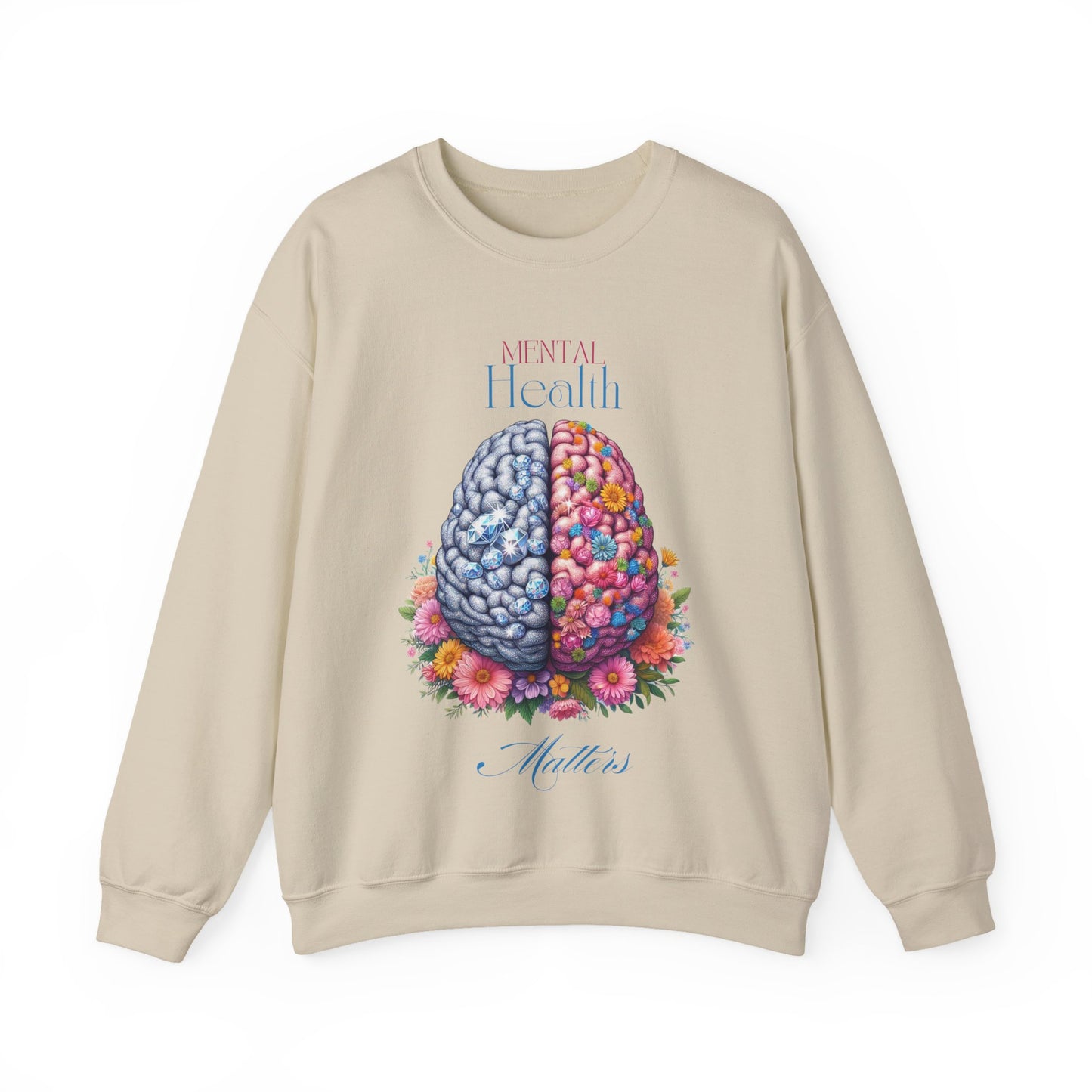 Crewneck Sweatshirt Brain Crystal and Flower Design for Mental Health Awareness