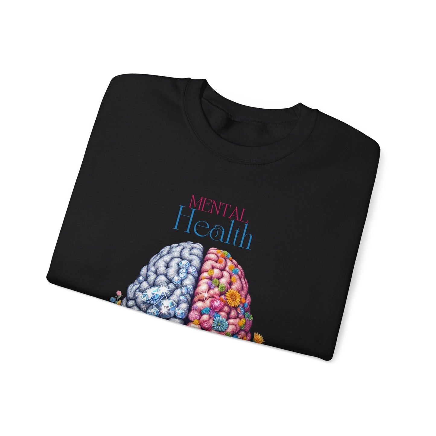 Crewneck Sweatshirt Brain Crystal and Flower Design for Mental Health Awareness