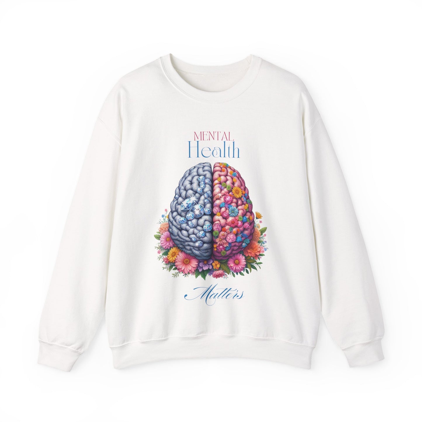 Crewneck Sweatshirt Brain Crystal and Flower Design for Mental Health Awareness