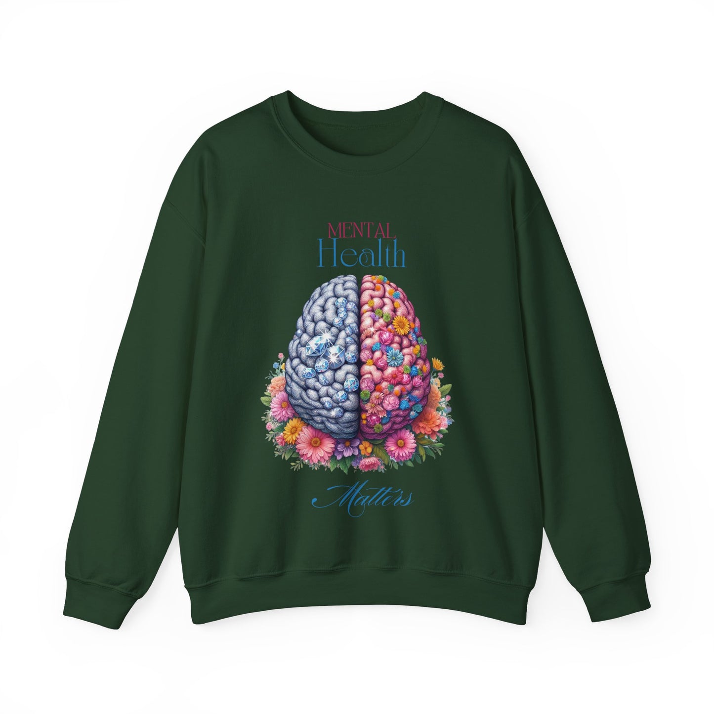 Crewneck Sweatshirt Brain Crystal and Flower Design for Mental Health Awareness