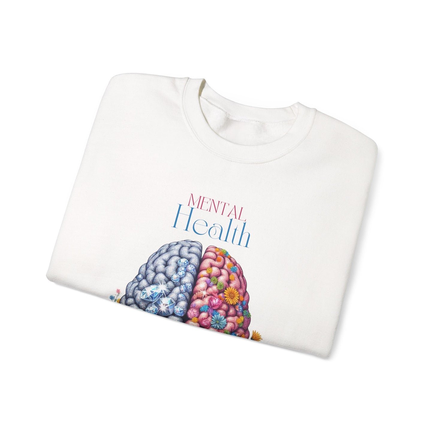 Crewneck Sweatshirt Brain Crystal and Flower Design for Mental Health Awareness