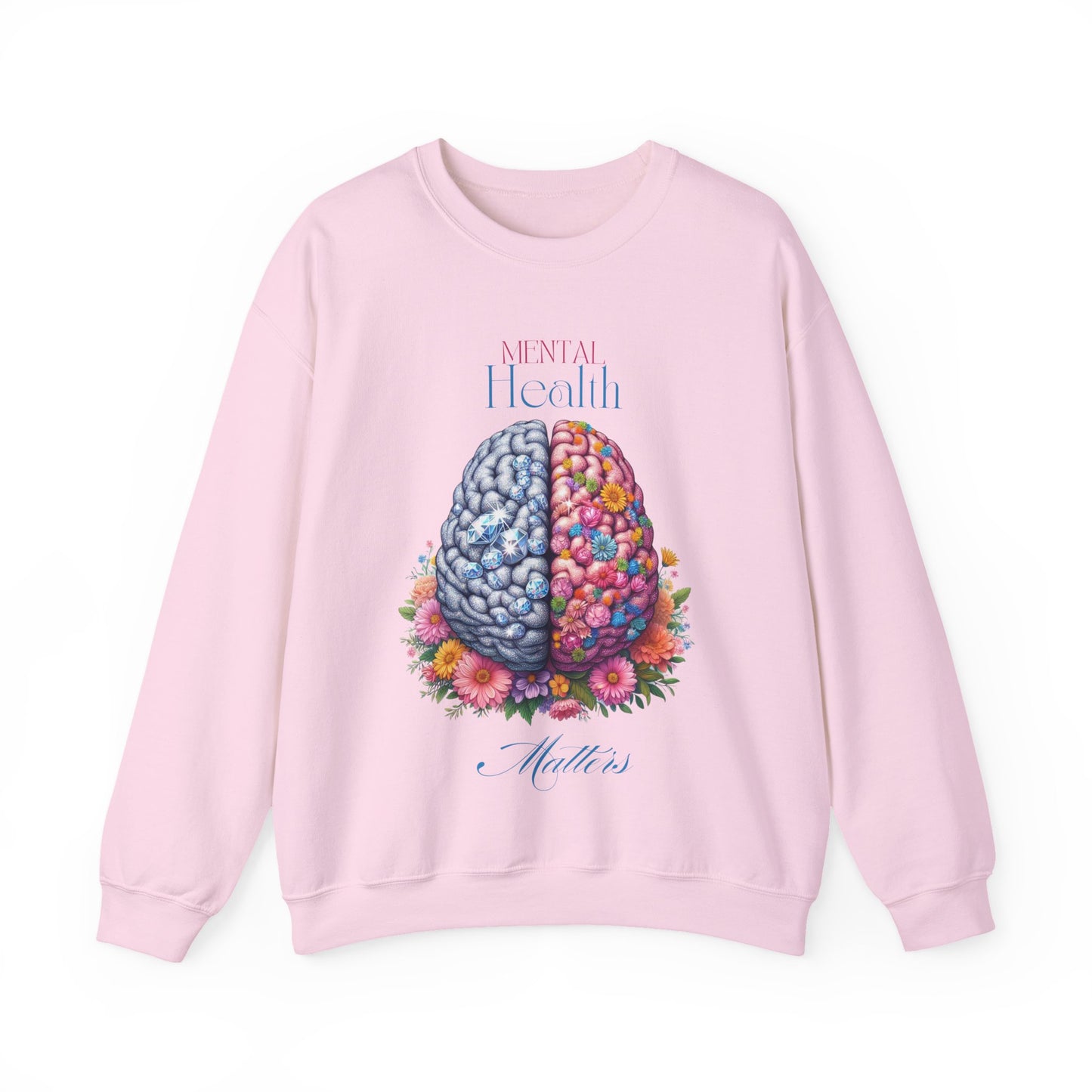 Crewneck Sweatshirt Brain Crystal and Flower Design for Mental Health Awareness