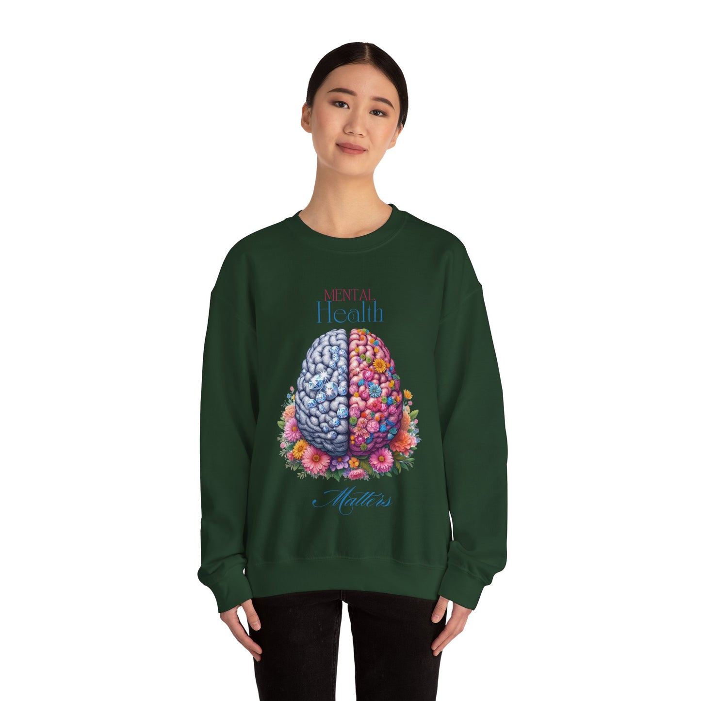Crewneck Sweatshirt Brain Crystal and Flower Design for Mental Health Awareness