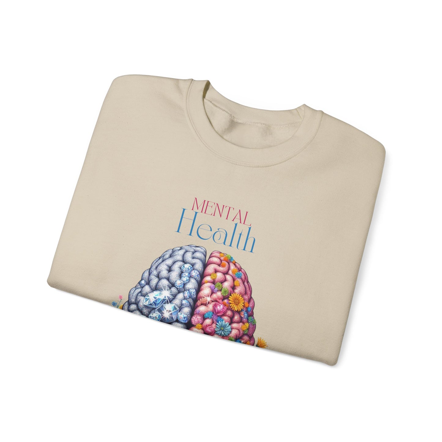 Crewneck Sweatshirt Brain Crystal and Flower Design for Mental Health Awareness