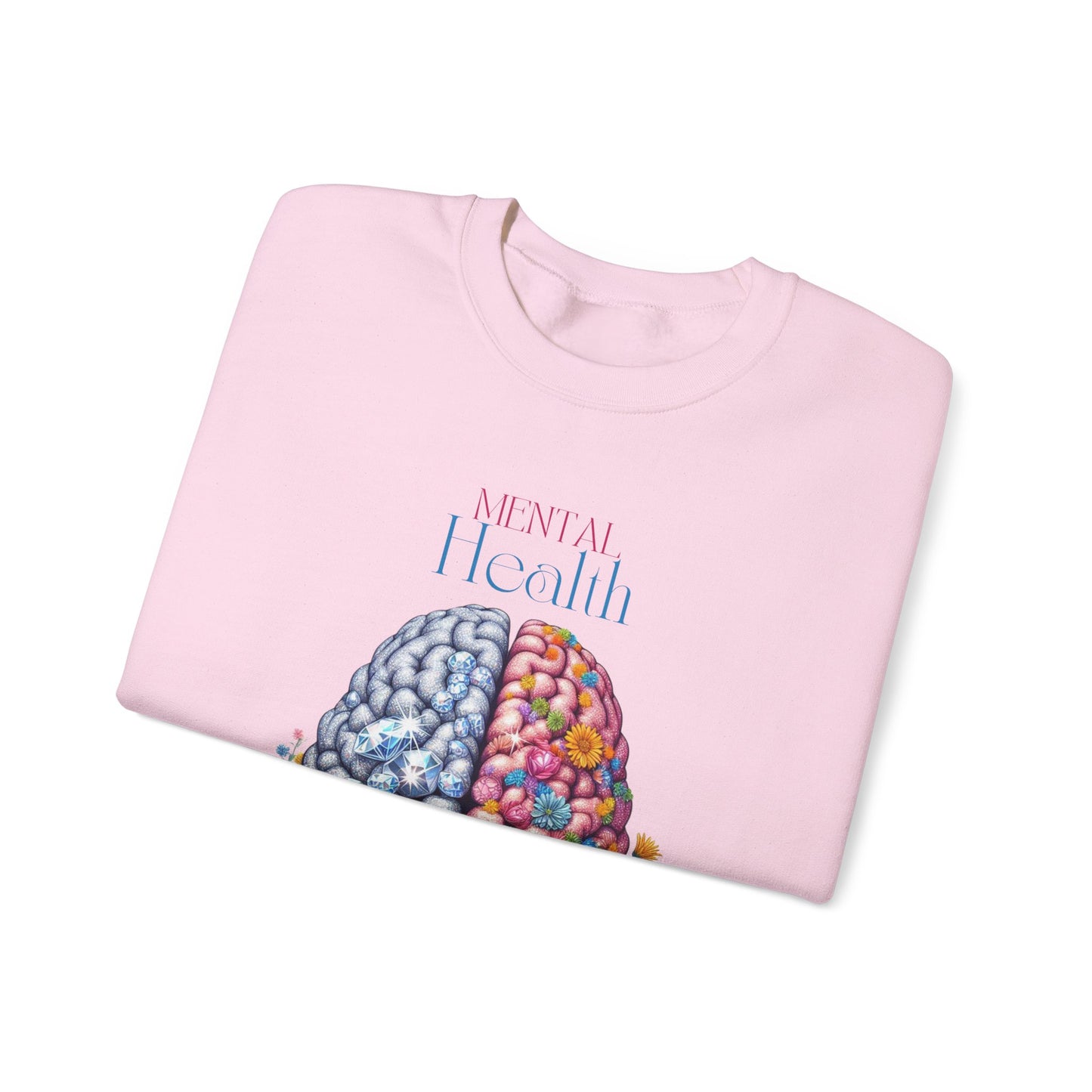 Crewneck Sweatshirt Brain Crystal and Flower Design for Mental Health Awareness