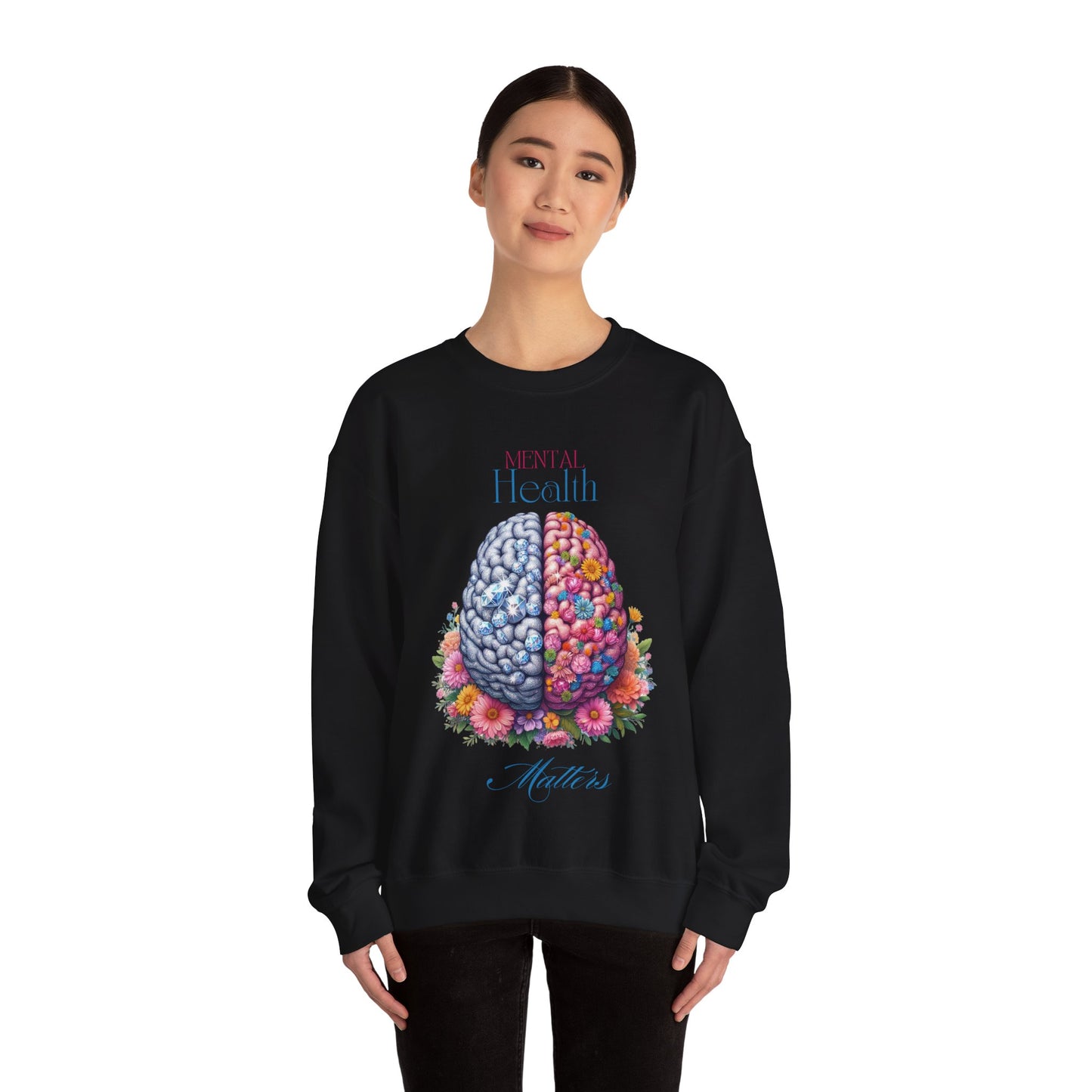Crewneck Sweatshirt Brain Crystal and Flower Design for Mental Health Awareness