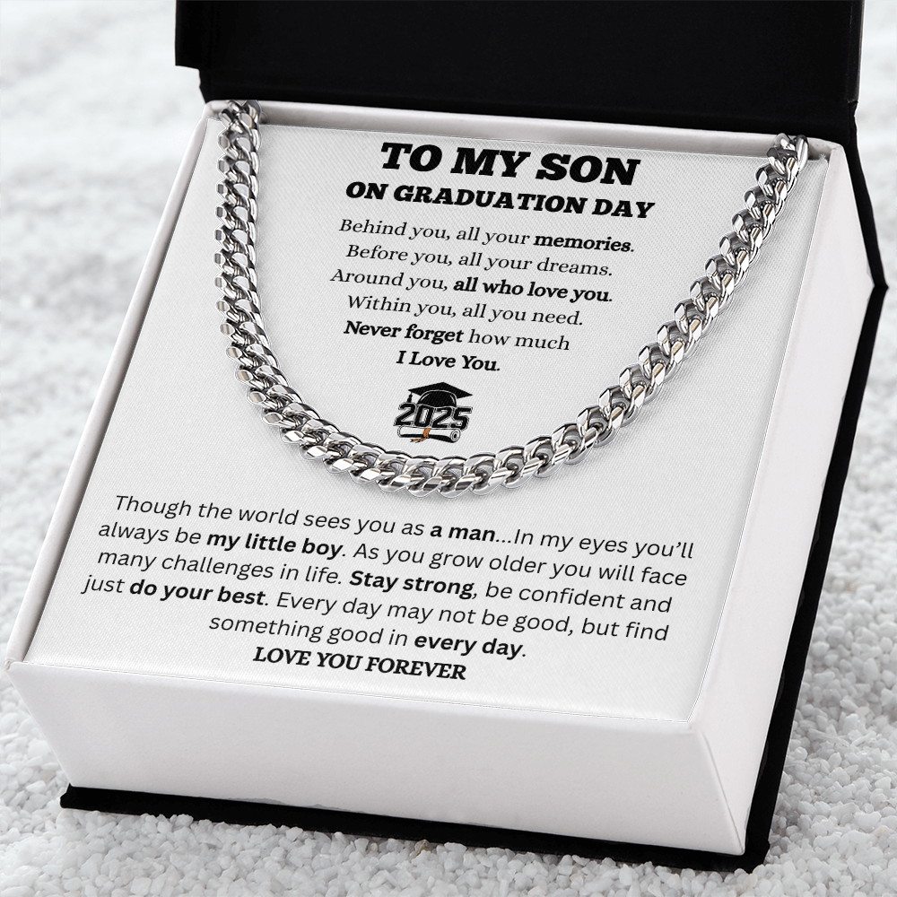 To My Son-Graduation-Cuban link Chain-White Message Card