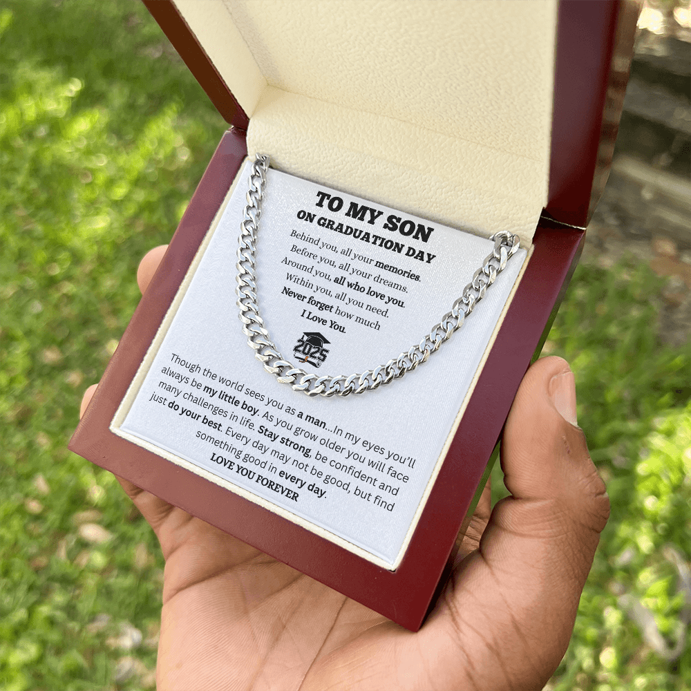 To My Son-Graduation-Cuban link Chain-White Message Card