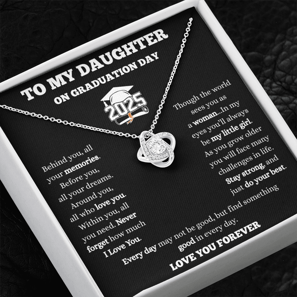 To My Daughter-Love Knot Necklace-Black/White Message Card
