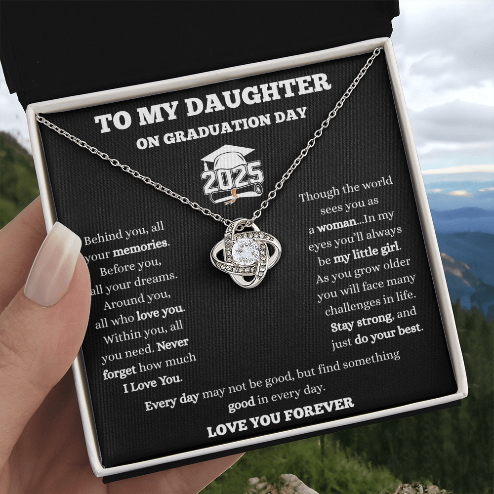 To My Daughter-Love Knot Necklace-Black/White Message Card