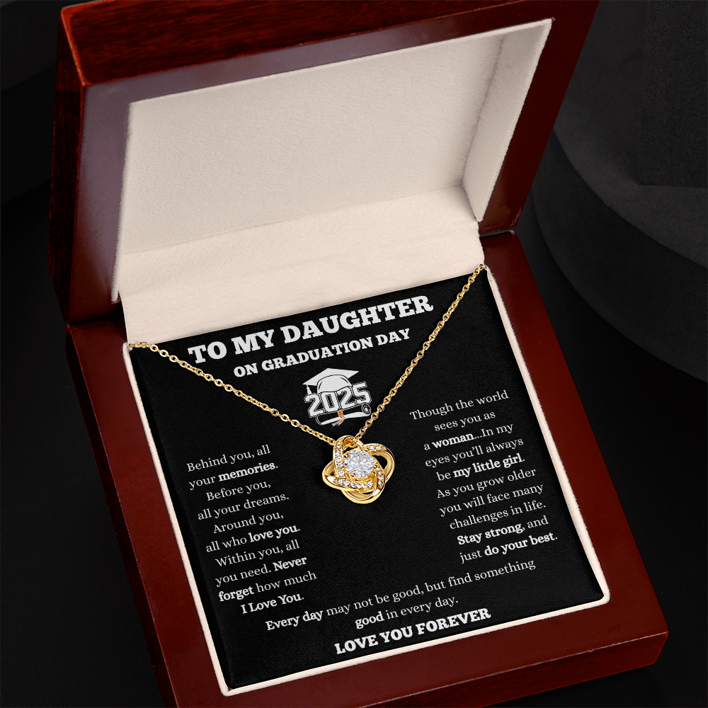 To My Daughter-Love Knot Necklace-Black/White Message Card