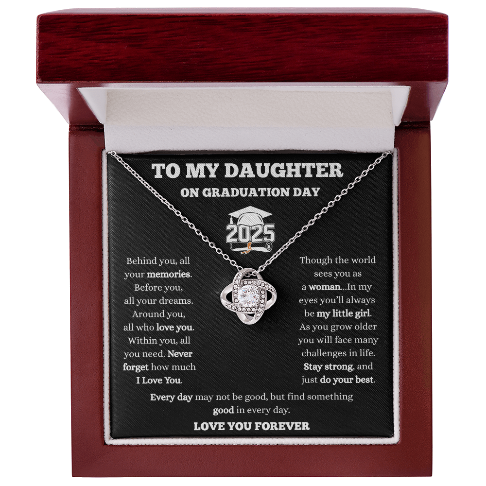 To My Daughter-Love Knot Necklace-Black/White Message Card
