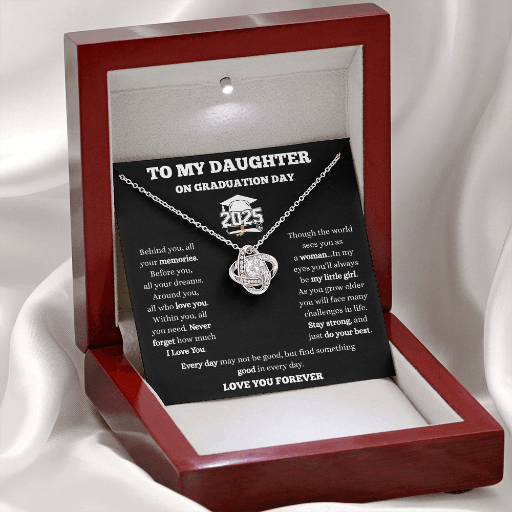 To My Daughter-Love Knot Necklace-Black/White Message Card