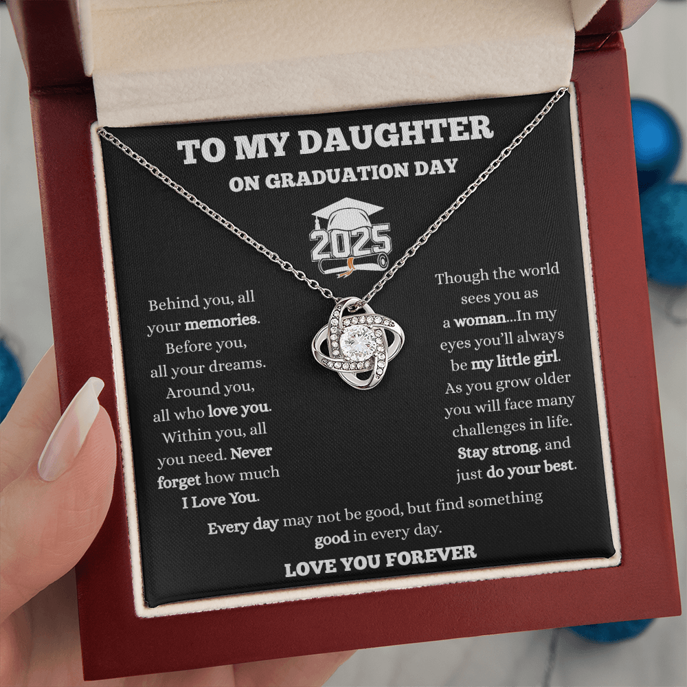 To My Daughter-Love Knot Necklace-Black/White Message Card